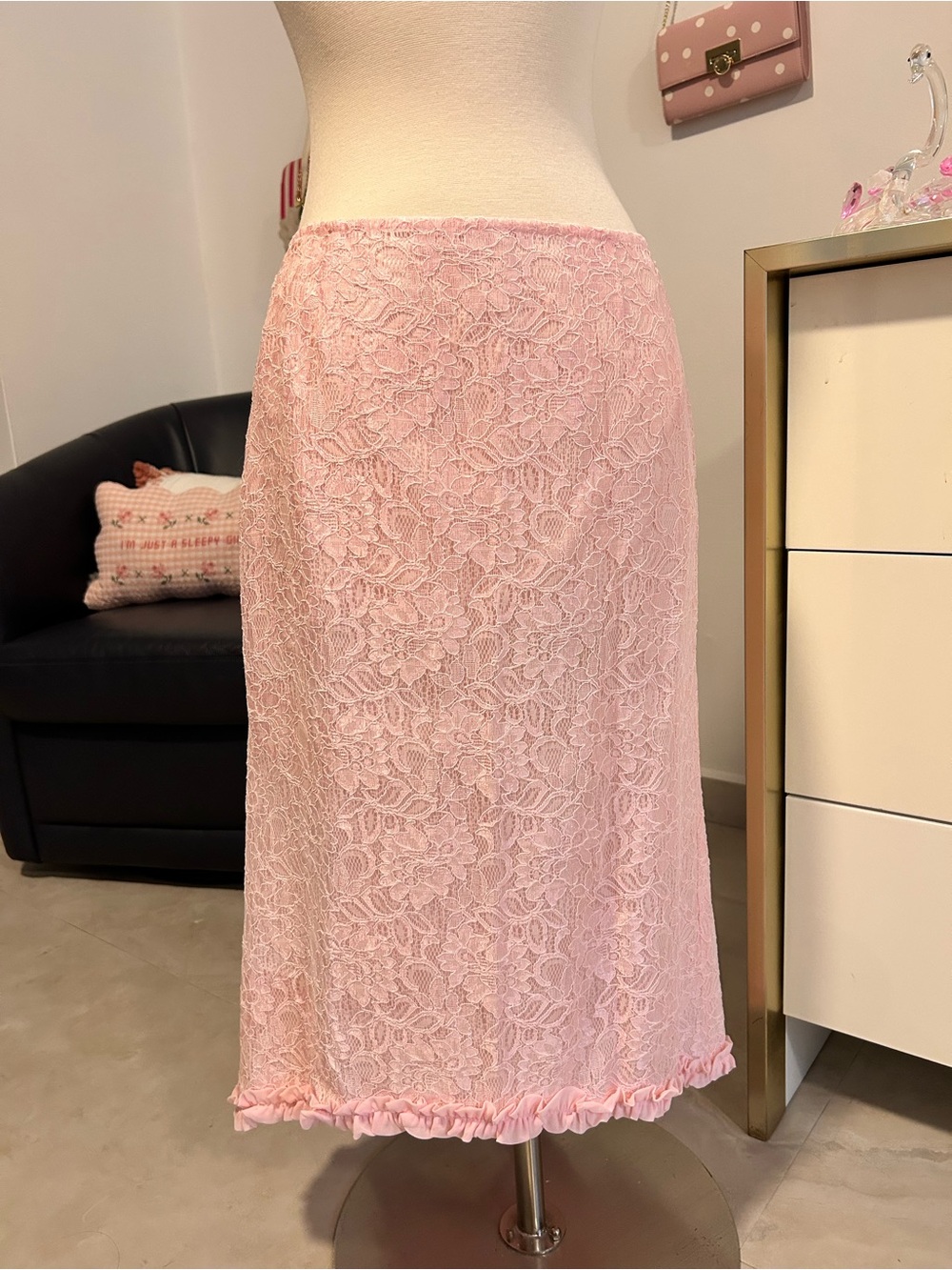 Vintage Shabby Chic Coquette Women's Pink Lace Midi Skirt